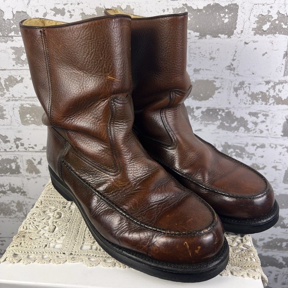 Vtg Herman Leather Moc Toe Ankle Boots Men's 10.5 Cognac Brown Rustic Rugged Y2K